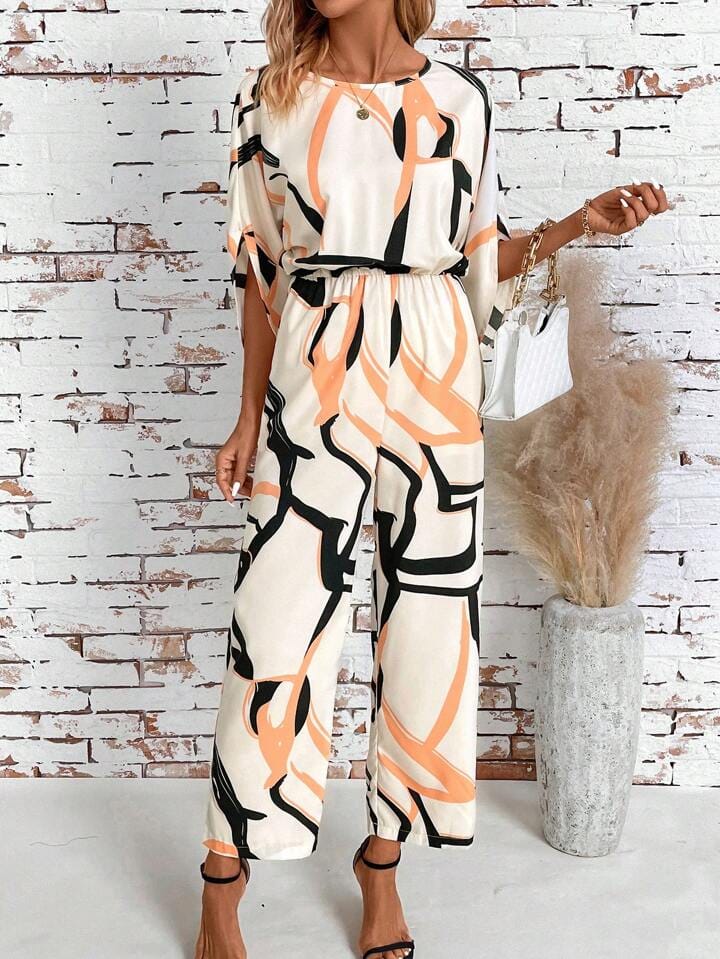 Round Neck All-Over Allover Print Elegant Commuting Jumpsuit In Summer    B278932 - TUZZUT Qatar Online Shopping