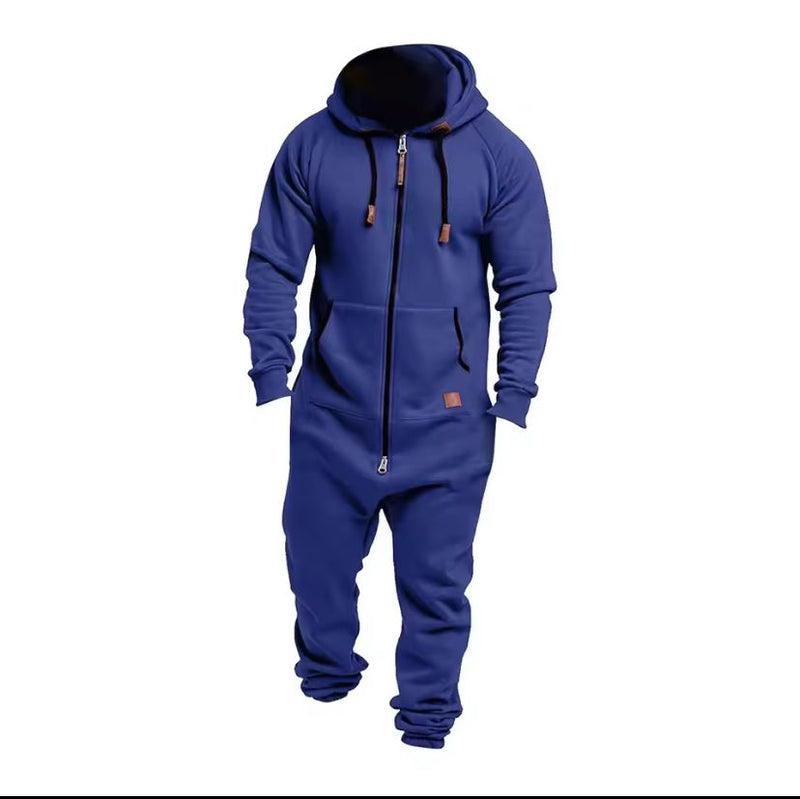 Men Jumpsuit Solid Color Splicing Hoodies Casual Zipper Onesie
