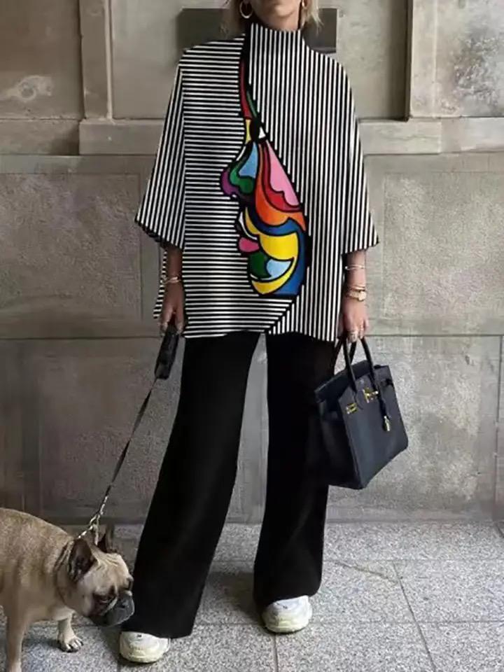 Fashion Art Striped Print Outfits Women Loose O Neck Pullover Tops  B190270 - TUZZUT Qatar Online Shopping