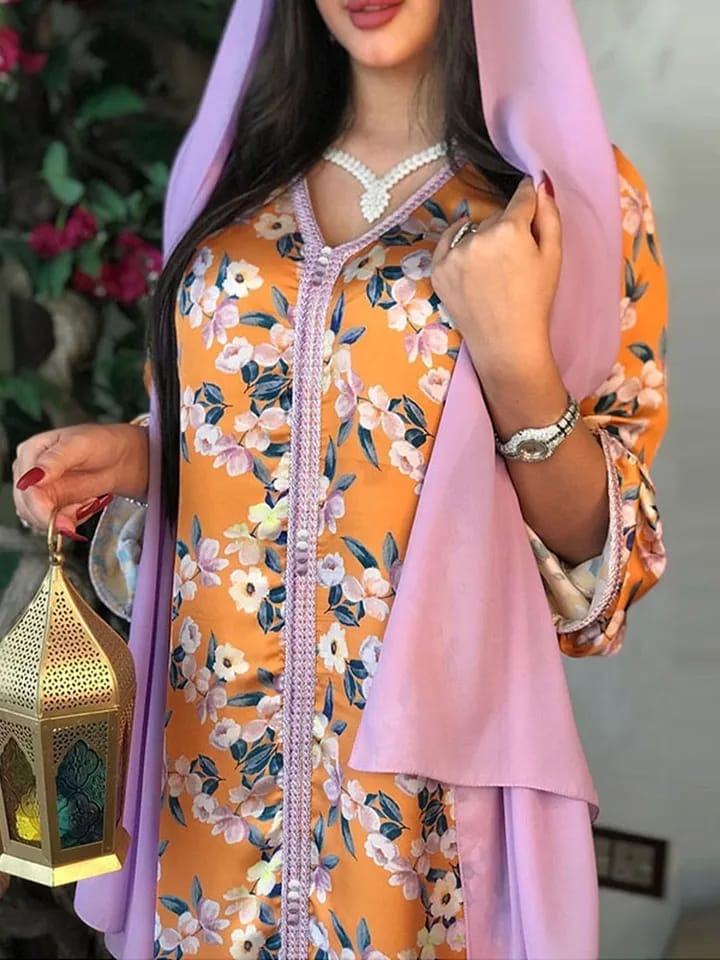 Floral Print Women Dress Evening Party Ball Gown Jalabiya Arabian Clothing Ramadan Eid Abaya S4237233