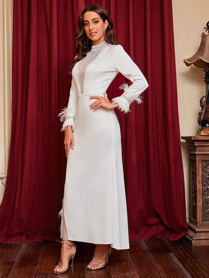 Women's Fashion Evening Dress O-neck Patchwork Gauze Long Sleeve Feather Slim Elegant Party Dresses Autumn B-44755 Women's Fashion Evening Dress O-neck Patchwork Gauze Long Sleeve Feather Slim Elegant Party Dresses Autumn B-44755