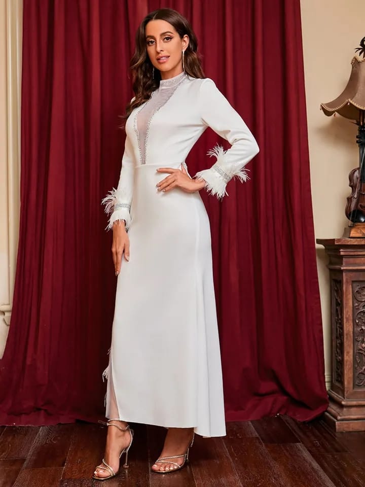 Women's Fashion Evening Dress O-neck Patchwork Gauze Long Sleeve Feather Slim Elegant Party Dresses Autumn B-44755 - Tuzzut.com Qatar Online Shopping