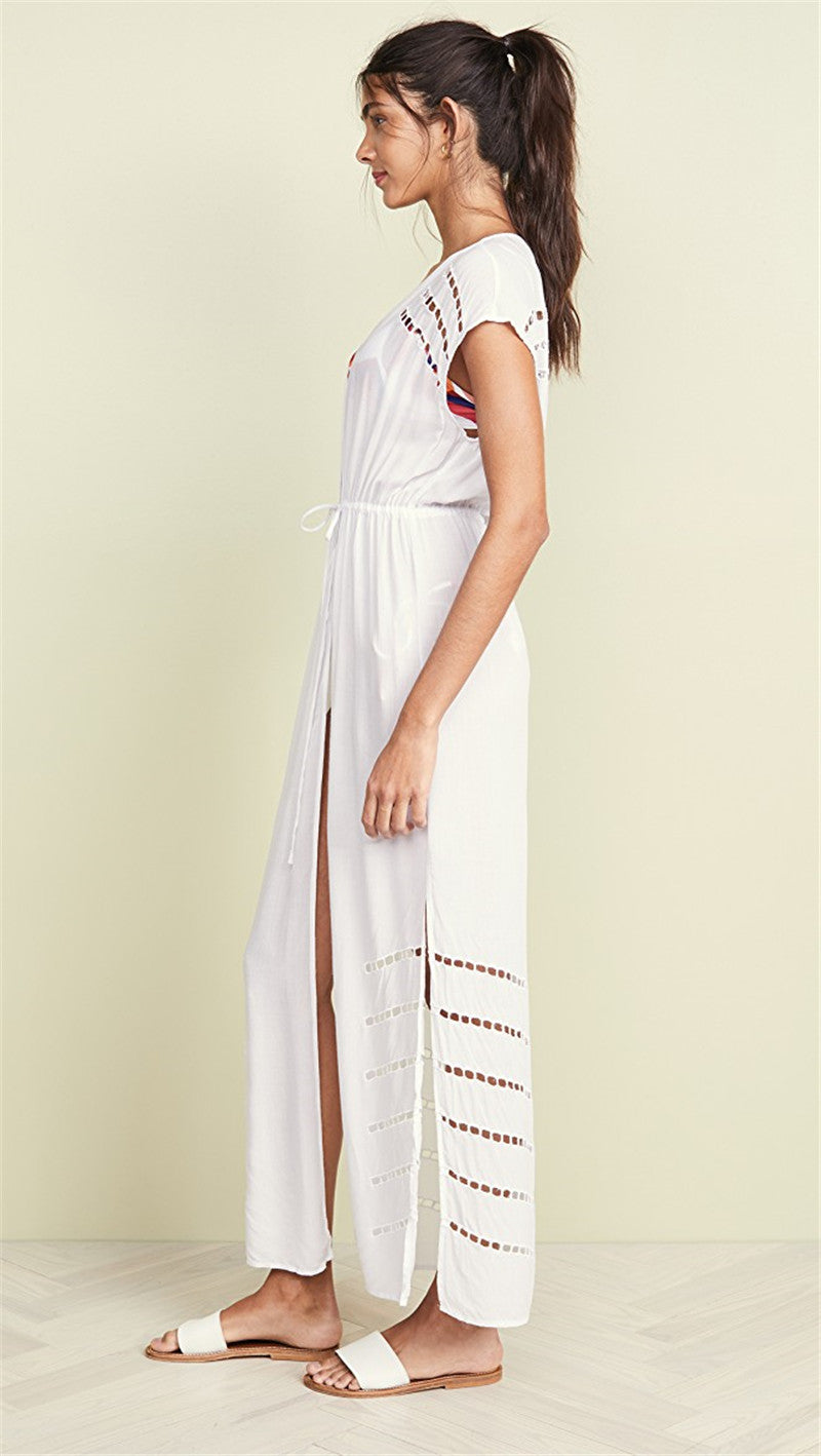 Sexy Striped Hollow Out White Cotton Summer Beach Tunic Women Plus Size Beachwear Self Belted Front Open Midi Dress XL S3928449 - Tuzzut.com Qatar Online Shopping