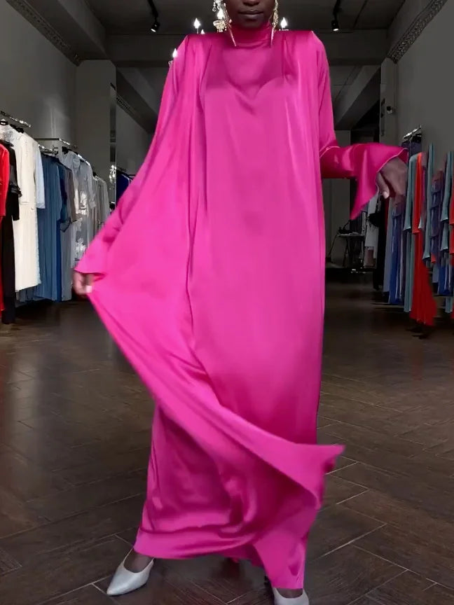 Flared Sleeves Long Sleeves Solid Color High-Neck Maxi Dresses 125662 Flared Sleeves Long Sleeves Solid Color High-Neck Maxi Dresses 125662