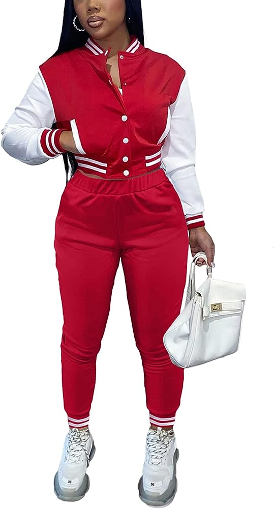 Women's 2 Piece Outfit Tracksuit Long Sleeve Patchwork Varsity Jacket Bodycon Sweatpants Sweatsuit Set S S4918073