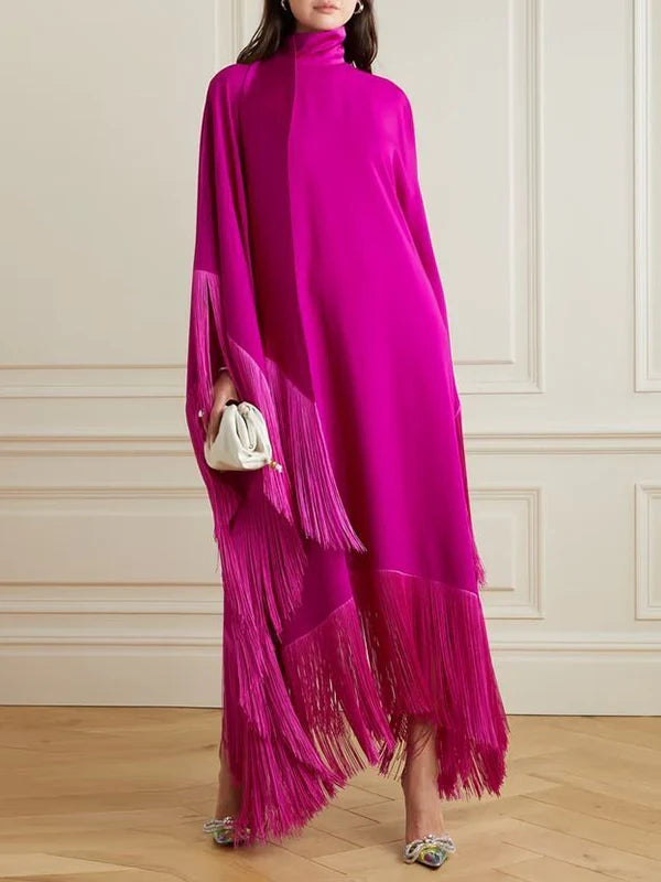 Batwing Sleeves Loose Split-Joint Tasseled High Neck Evening Dresses 141234