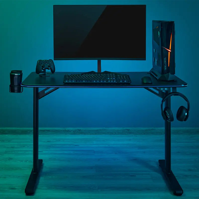 Carbon Fiber Tabletop RGB Lighting Edges Gaming Desk with Cup Holder and Headphone Hook- SH GMD08 1 Carbon Fiber Tabletop RGB Lighting Edges Gaming Desk with Cup Holder and Headphone Hook- SH GMD08 1