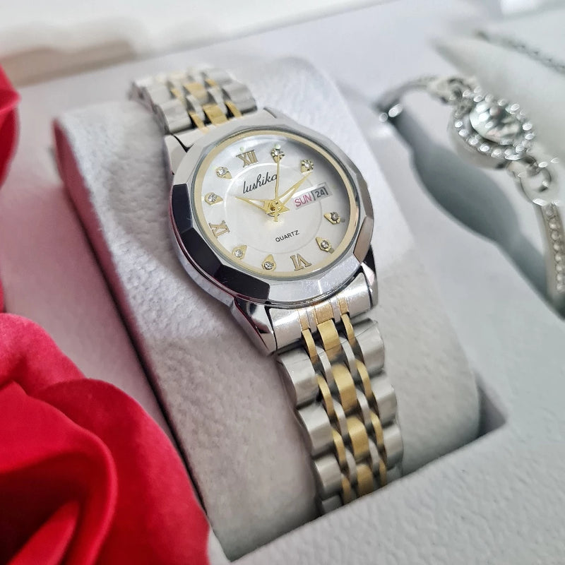 LUSHIKA Silver Gold Stainless Steel Quartz Watch W7509 - TUZZUT Qatar Online Shopping