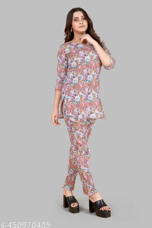 Women's Beautiful Delta Cotton Mix Fabric Printed Night suit Co-Ord Set - VKT400