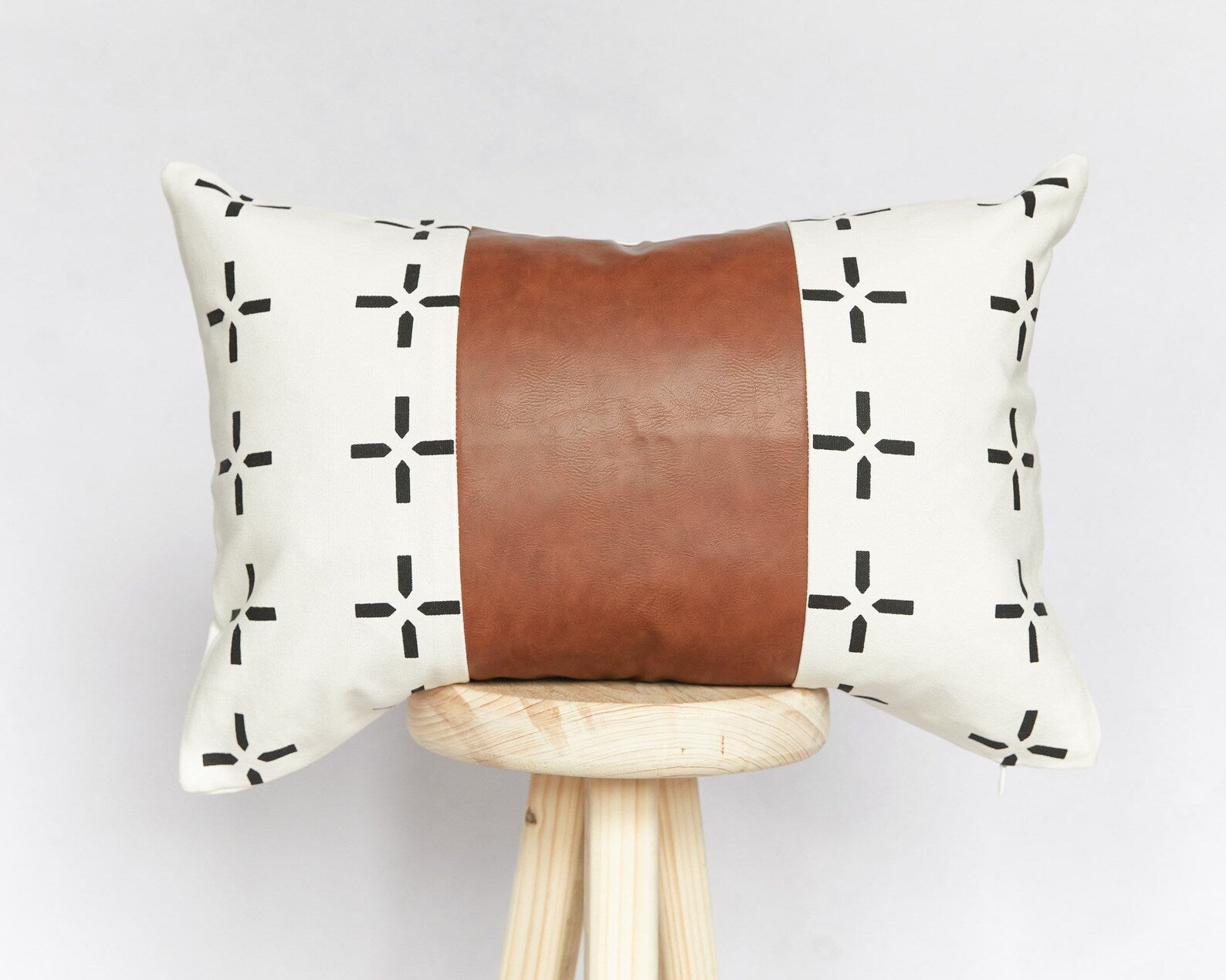 Black & White Print with Brown Vegan Leather Cushion Cover CC0001
