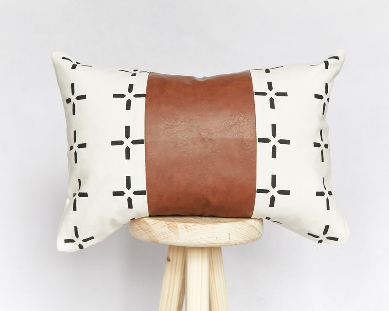 Black & White Print with Brown Vegan Leather Cushion Cover CC0001 - TUZZUT Qatar Online Shopping