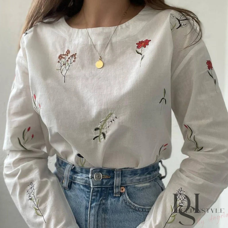 Flower Embroidered Tunic Women's Top Vintage Blouse Long Sleeve Shirts  S4100377 - Tuzzut.com Qatar Online Shopping