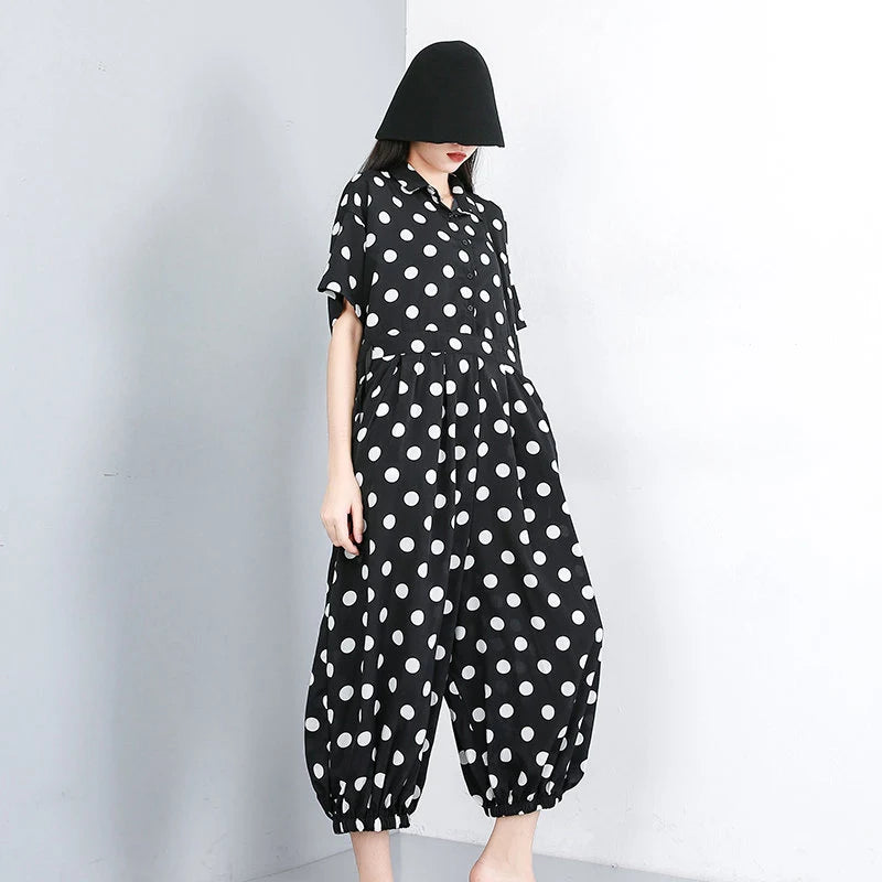 Women's Summer Loose Fitting Polka Dot Cotton Jumpsuit With Pockets 5XL S4100636