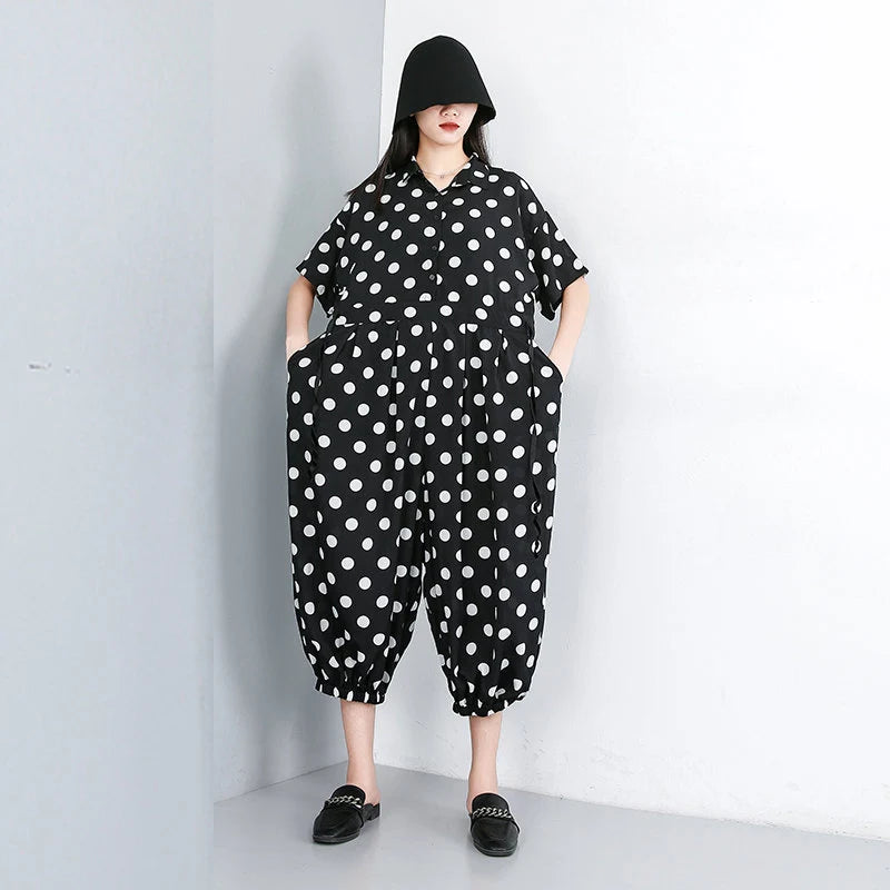 Women's Summer Loose Fitting Polka Dot Cotton Jumpsuit With Pockets 5XL S4100636