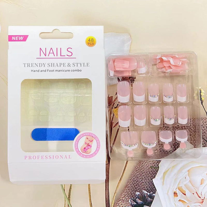 Press on Nails Short with Press on Toenails, French Fake Nails Tips Acrylic False Nails with Glue Nude White Toe Nails Press ons with Rehinstone Exquisite Design False Nails Tip for Women Gir