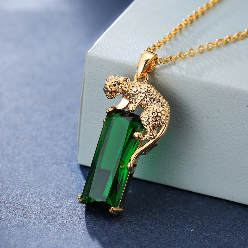 Domineering Animal Leopard Pendant Big Rectangle Stone Necklaces For Men Women Green Zircon Gold Color Link Chain Necklace - Tuzzut.com Qatar Online Shopping