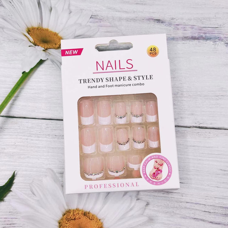 Press on Nails Short with Press on Toenails, French Fake Nails Tips Acrylic False Nails with Glue Nude White Toe Nails Press ons with Rehinstone Exquisite Design False Nails Tip for Women Girls