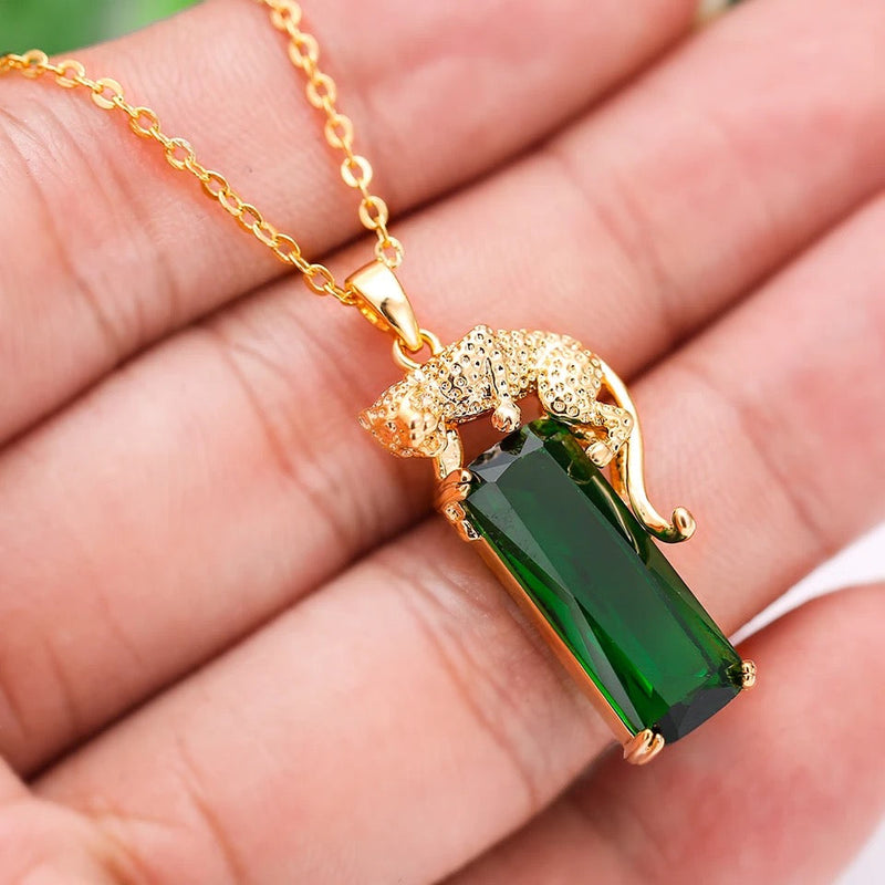 Domineering Animal Leopard Pendant Big Rectangle Stone Necklaces For Men Women Green Zircon Gold Color Link Chain Necklace - Tuzzut.com Qatar Online Shopping