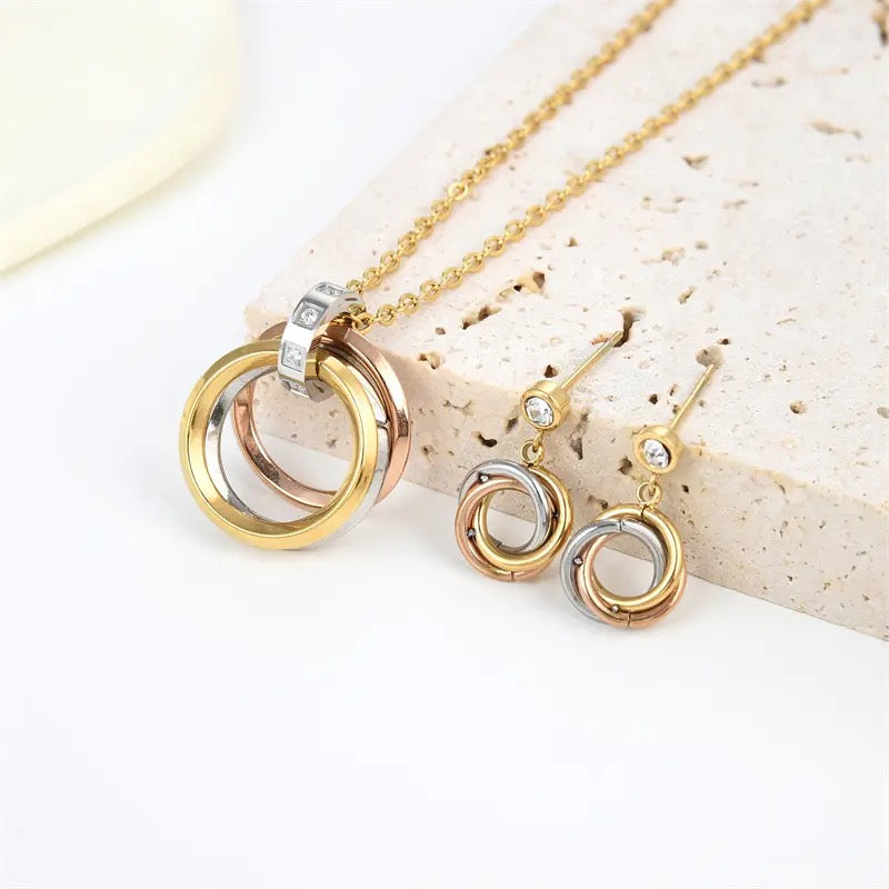 Fashion Stainless Steel Necklace Neutral Three-Ring Diamond Studded Hip Hop Earrings Niche Design Pendant Fashion Jewelry Sets - Tuzzut.com Qatar Online Shopping