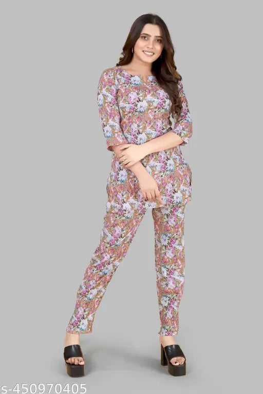 Women's Beautiful Delta Cotton Mix Fabric Printed Night suit Co-Ord Set - VKT400