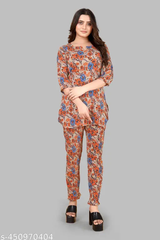 Women's Cotton Polyester Mix Fabric Printed Night suit Pajama Co-Ord Set - VKT1000