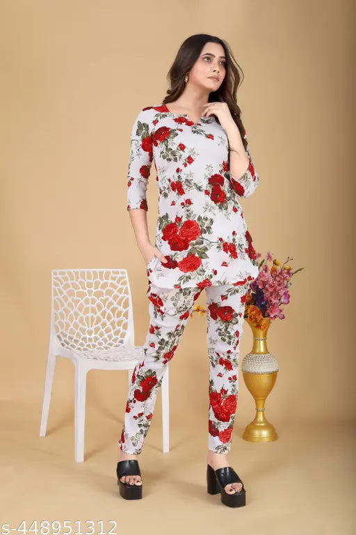 Women's Beautiful Delta Cotton Mix Fabric Printed Night suit Co-Ord Set - VKT100