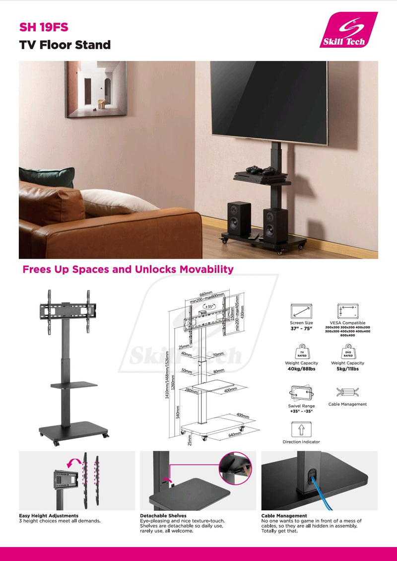 Skill Tech Storage-Savvy TV Cart SH 19FS (Fits most 37" to 75" Screen, Weight Capacity 40kg) - TUZZUT Qatar Online Shopping