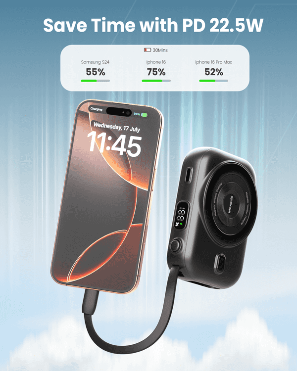 Moxedo Snap-On Wireless Charging Power Bank 8000mAh 15W PD Fast Charging Portable Charger with Built-in USB-C Cable - Black Moxedo Snap-On Wireless Charging Power Bank 8000mAh 15W PD Fast Charging Portable Charger with Built-in USB-C Cable - Black