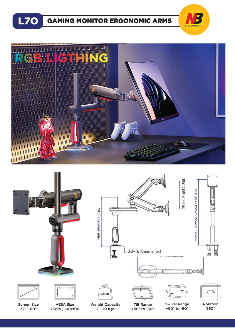 North Bayou NB L70 RGB Gaming Monitor Arm Matte Grey - Fits Most 32" ~ 60" Screen | Weight Capacity 20kg | Height Adjustable 740mm - TUZZUT Qatar Online Shopping