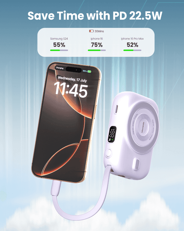 Moxedo Snap-On Wireless Charging Power Bank 8000mAh 15W PD Fast Charging Portable Charger with Built-in USB-C Cable - Purple Moxedo Snap-On Wireless Charging Power Bank 8000mAh 15W PD Fast Charging Portable Charger with Built-in USB-C Cable - Purple