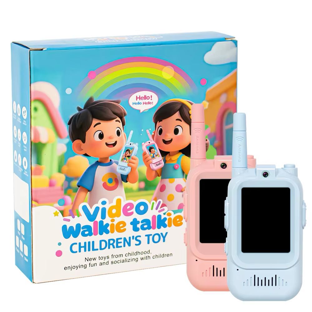 2-Pcs Kids Video Walkie Talkies with Camera & LCD Screen – Rechargeable, No WiFi/SIM, Long-Range Intercom Toy (Blue & Pink)