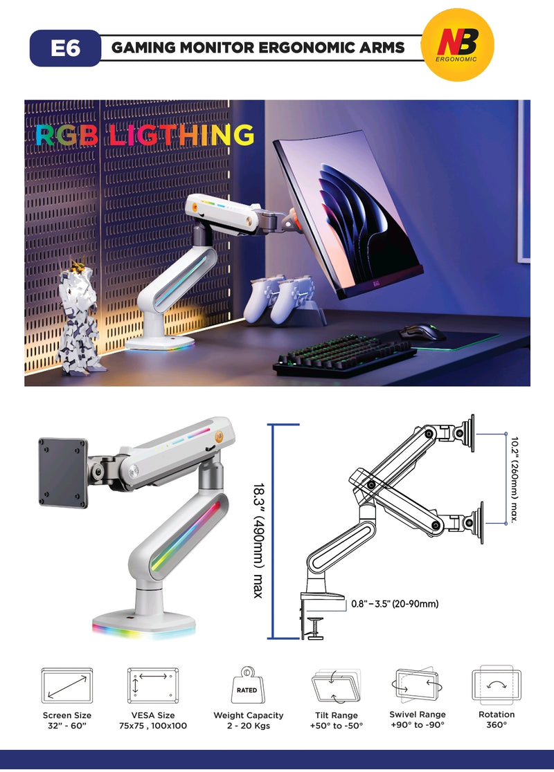 North Bayou NB E6 RGB Gaming Monitor Arm White - Fits Most 32"-60" Screen | Weight Capacity 20kg | Height Adjustable 490mm - TUZZUT Qatar Online Shopping