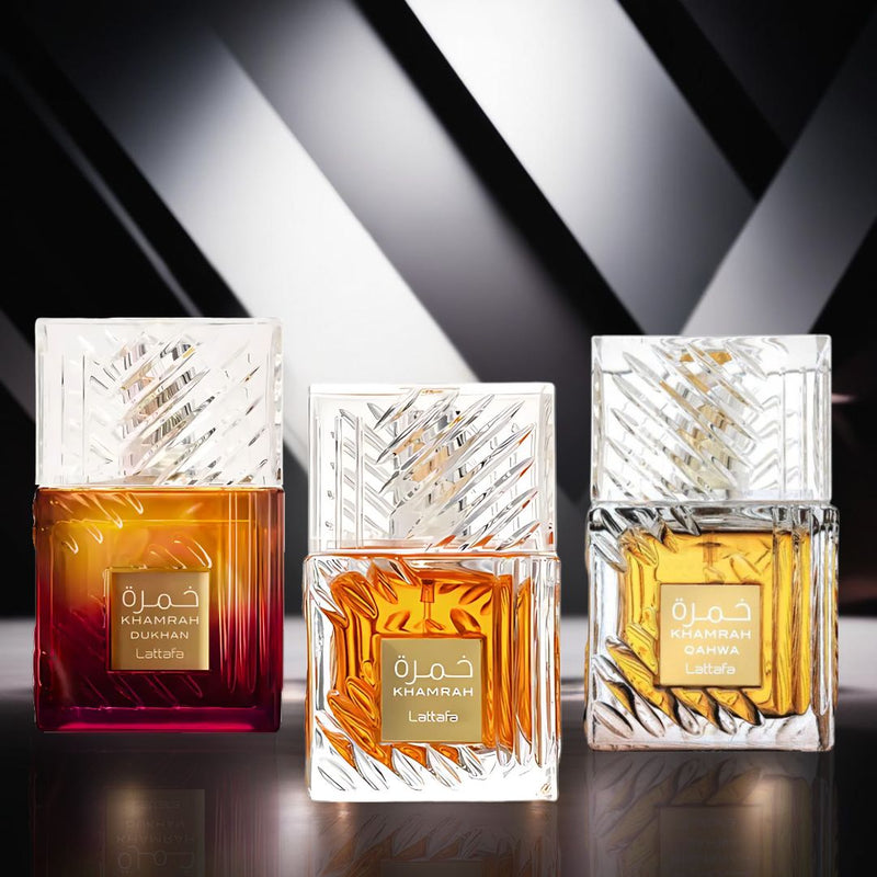 Khamrah, Khamrah Qahwa & Khamrah Dukhan EDP Sprays 100ml by Lattafa | Three Expressions of Indulgence: Bold, Gourmand & Mysteriously Rich - TUZZUT Qatar Online Shopping