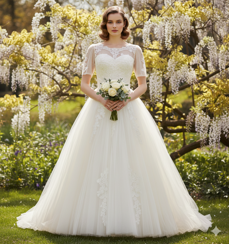 Brides Ball Gowns Lace Embroidery Half Sleeve Fashion Classic V Neck Wedding Dresses S47435 - TUZZUT Qatar Online Shopping