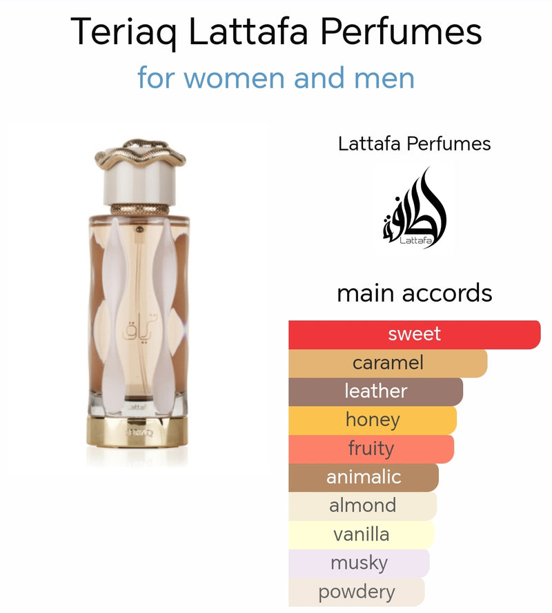 TERIAQ EDP Spray 100ml by Lattafa, Long Lasting Perfumes for Men & Women | Caramel, Leather, Musky, Sweet.