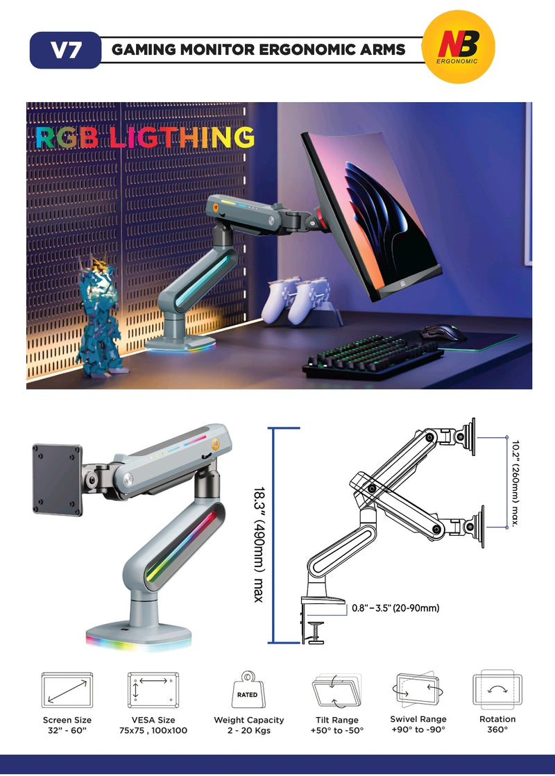 North Bayou NB V7 RGB Gaming Monitor Arm Lake Blue  - Fits Most 32"-60" Screen | Weight Capacity 20kg | Height Adjustable 490mm - TUZZUT Qatar Online Shopping
