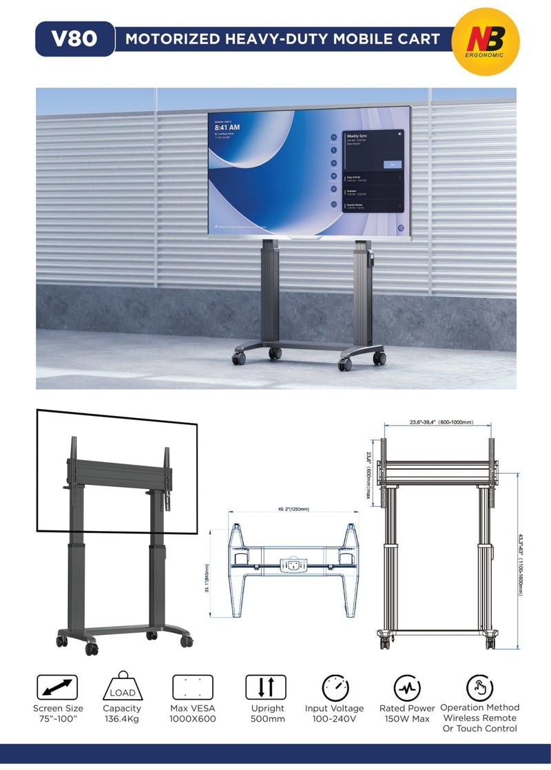 North Bayou NB V150 Heavy Duty Height Adjustable Motorized TV Cart 75"-120" - TUZZUT Qatar Online Shopping