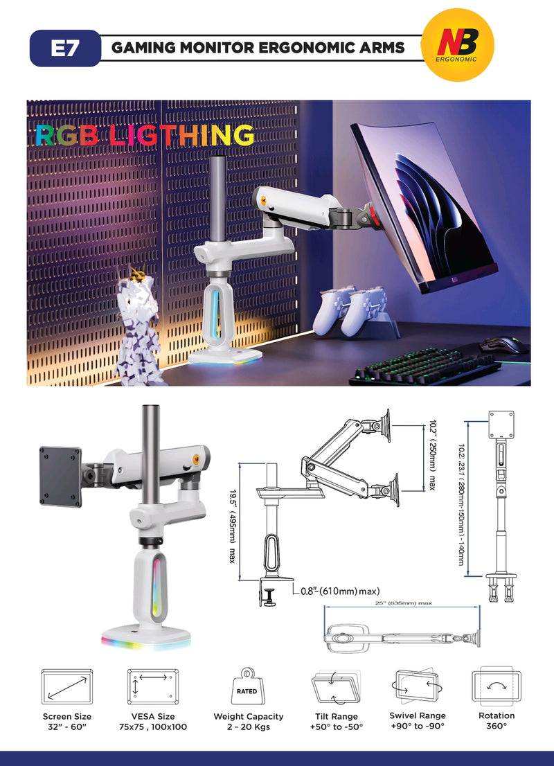 North Bayou NB E7 RGB Gaming Monitor Arm White – Fits Most 32" ~ 60" Screen | Weight Capacity 20kg | Height Adjustable 740mm - TUZZUT Qatar Online Shopping