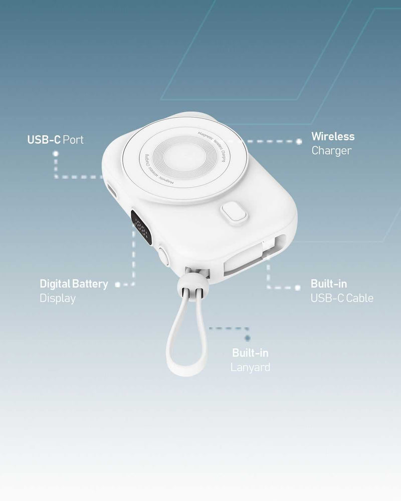 Moxedo Snap-On Wireless Charging Power Bank 8000mAh 15W PD Fast Charging Portable Charger with Built-in USB-C Cable - White - TUZZUT Qatar Online Shopping