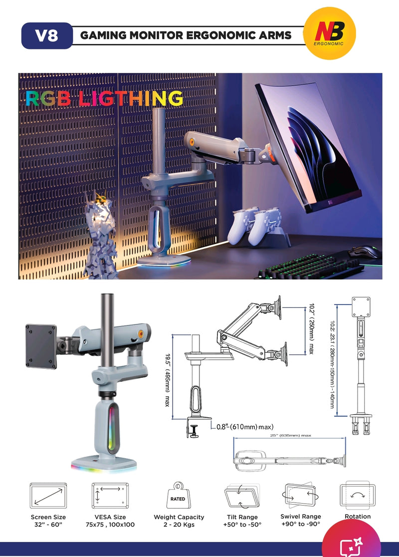 North Bayou NB V8 RGB Gaming Monitor Arm Lake Blue - Fits Most 32" ~ 60" Screen | Weight Capacity 20kg | Height Adjustable 740mm - TUZZUT Qatar Online Shopping