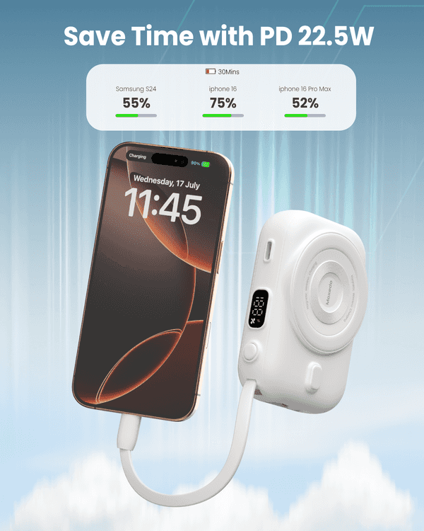 Moxedo Snap-On Wireless Charging Power Bank 8000mAh 15W PD Fast Charging Portable Charger with Built-in USB-C Cable - White Moxedo Snap-On Wireless Charging Power Bank 8000mAh 15W PD Fast Charging Portable Charger with Built-in USB-C Cable - White