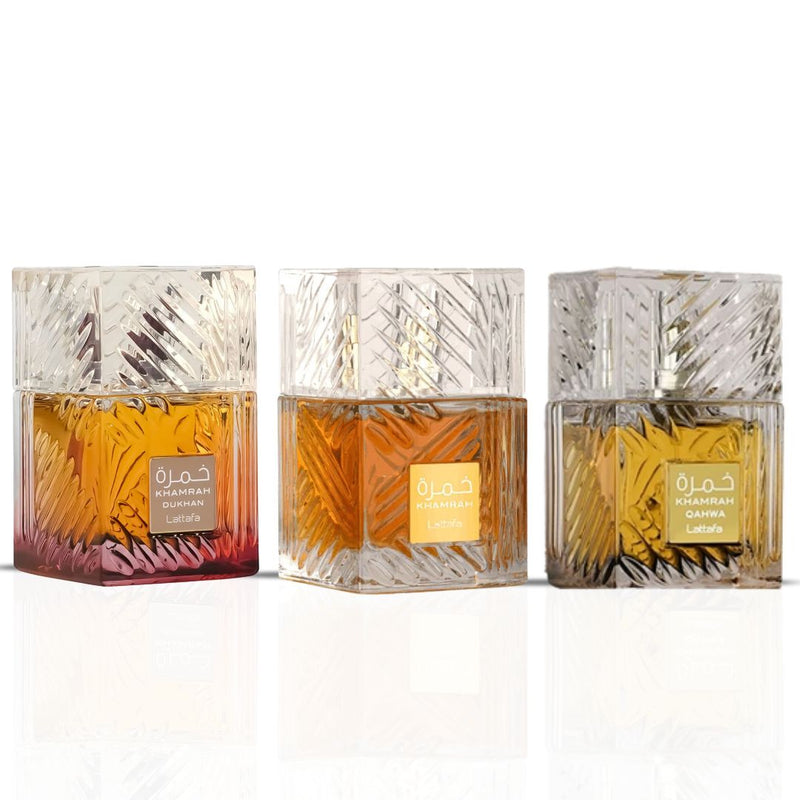 Khamrah, Khamrah Qahwa & Khamrah Dukhan EDP Sprays 100ml by Lattafa | Three Expressions of Indulgence: Bold, Gourmand & Mysteriously Rich - TUZZUT Qatar Online Shopping