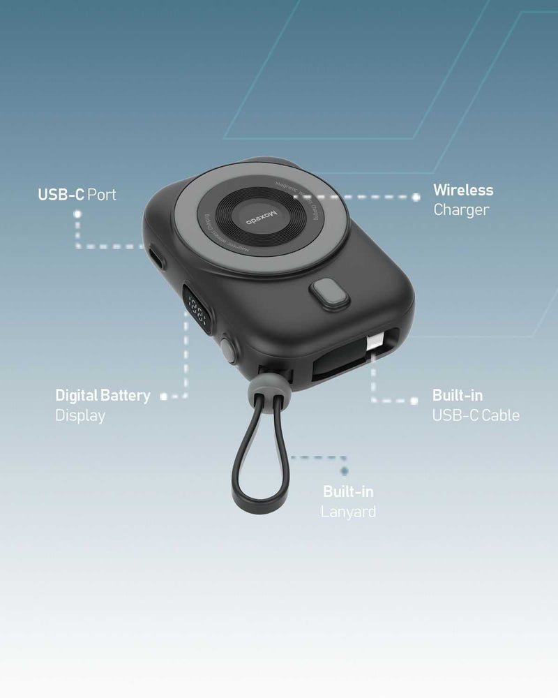 Moxedo Snap-On Wireless Charging Power Bank 8000mAh 15W PD Fast Charging Portable Charger with Built-in USB-C Cable - Black - TUZZUT Qatar Online Shopping