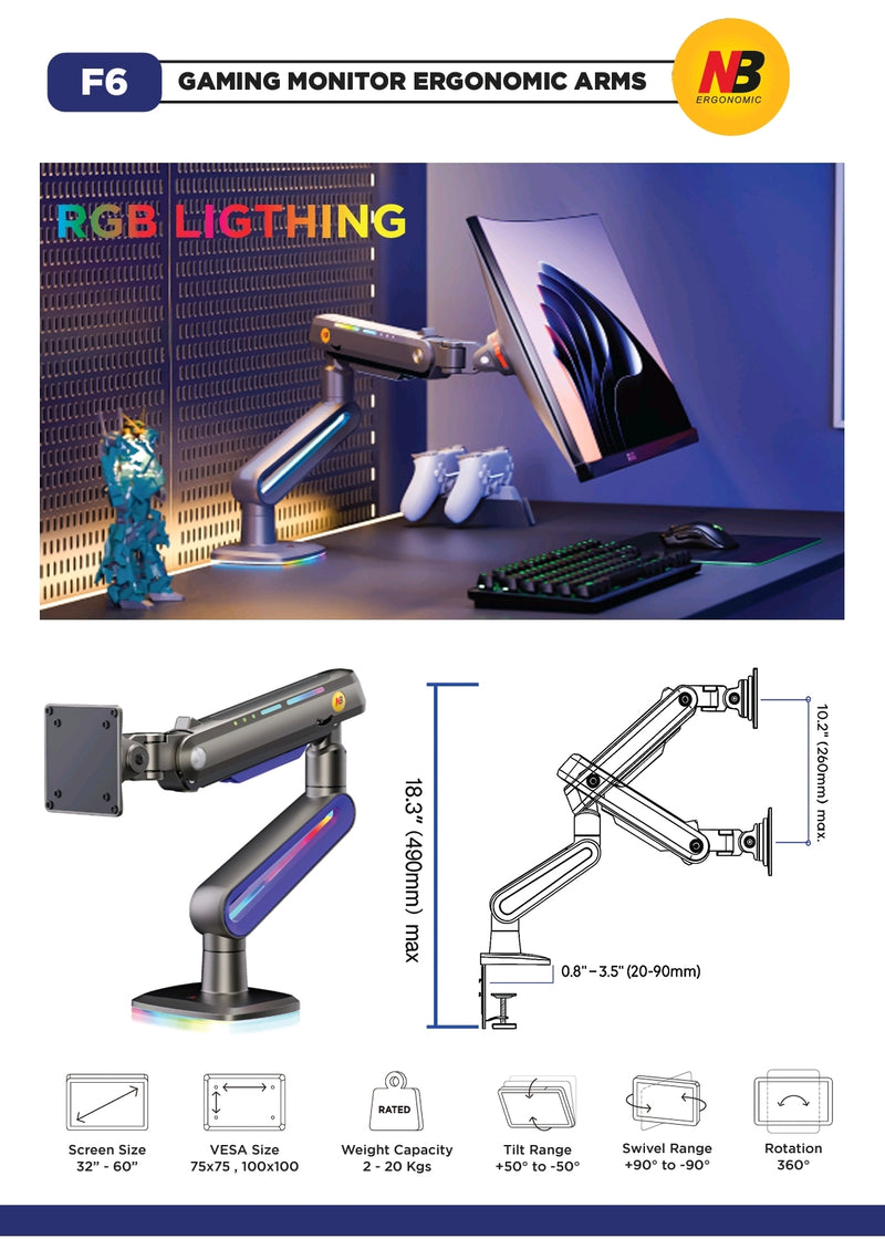 North Bayou NB F6 RGB Gaming Monitor Arm Matte Gray - Fits Most 32"-60" Screen | Weight Capacity 20kg | Height Adjustable 490mm - TUZZUT Qatar Online Shopping