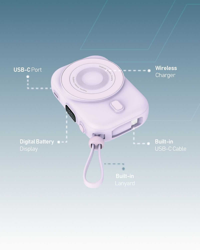 Moxedo Snap-On Wireless Charging Power Bank 8000mAh 15W PD Fast Charging Portable Charger with Built-in USB-C Cable - Purple - TUZZUT Qatar Online Shopping