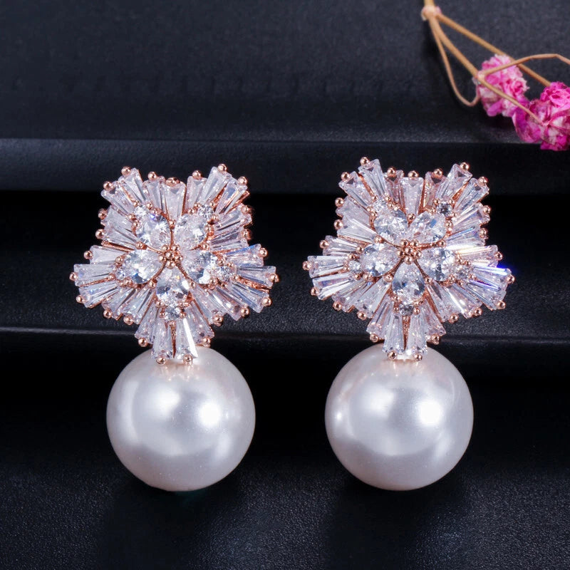 Rose Gold Cubic Zirconia Snowflake Pearl Drop Earrings ER34 - TUZZUT Qatar Online Shopping