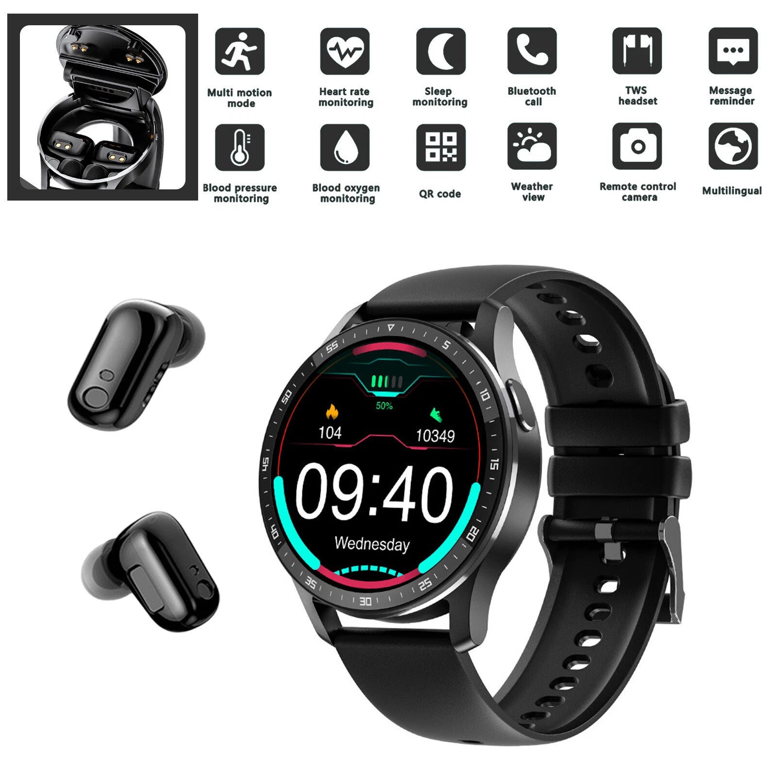 2in1 Waterproof Smart Watch With TWS Bluetooth 5.0 Earbuds Wireless Headset