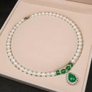 Green Chalcedony Pendant Pearl Necklace White Pearl Bracelet Set 128750