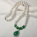 Green Chalcedony Pendant Pearl Necklace White Pearl Bracelet Set 128750