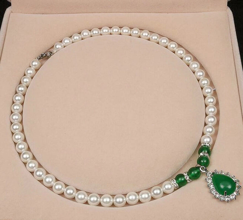 Green Chalcedony Pendant Pearl Necklace White Pearl Bracelet Set 128750